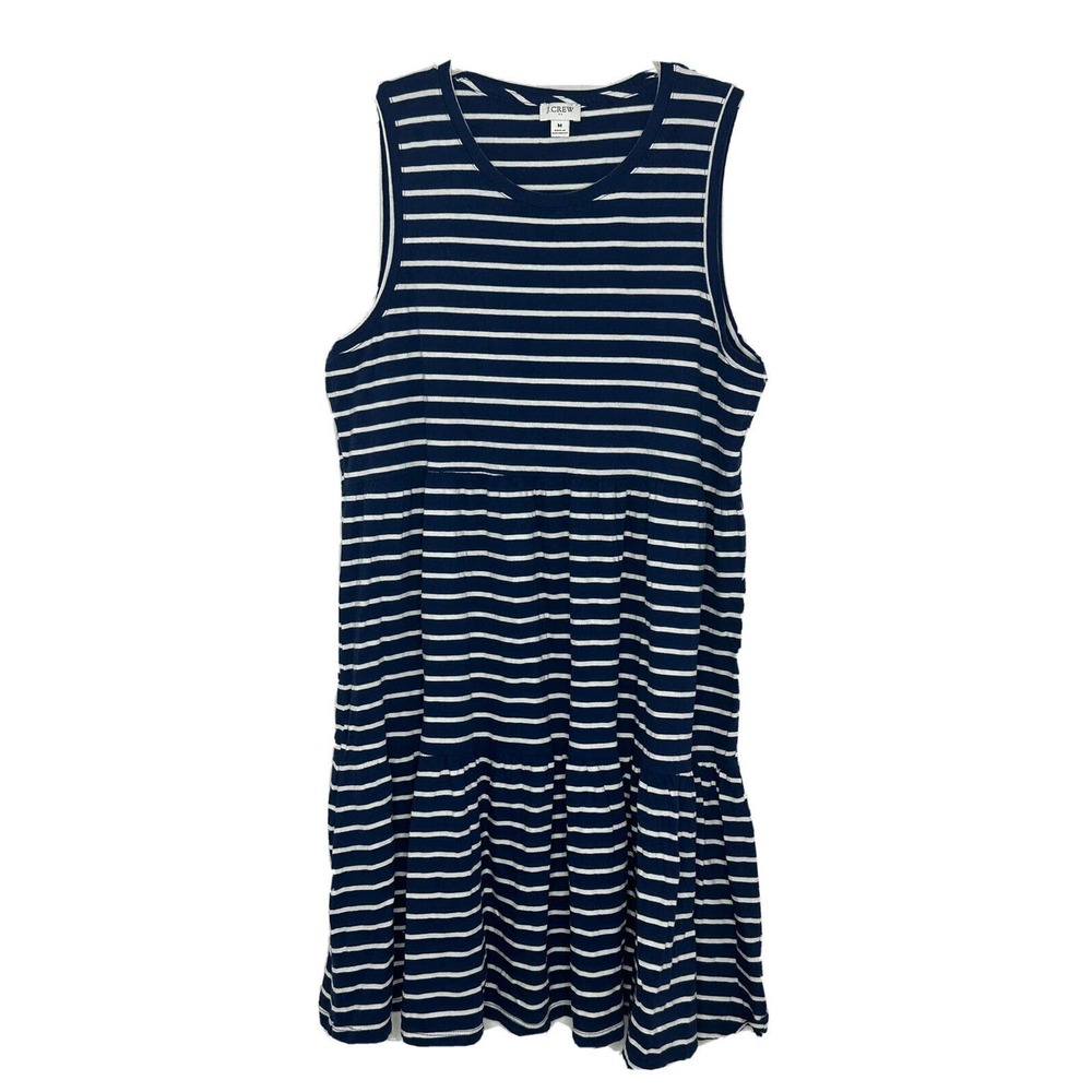 J.Crew Factory White Navy Blue Striped Sleeveless Ruffle Knee Length Dress Sz M